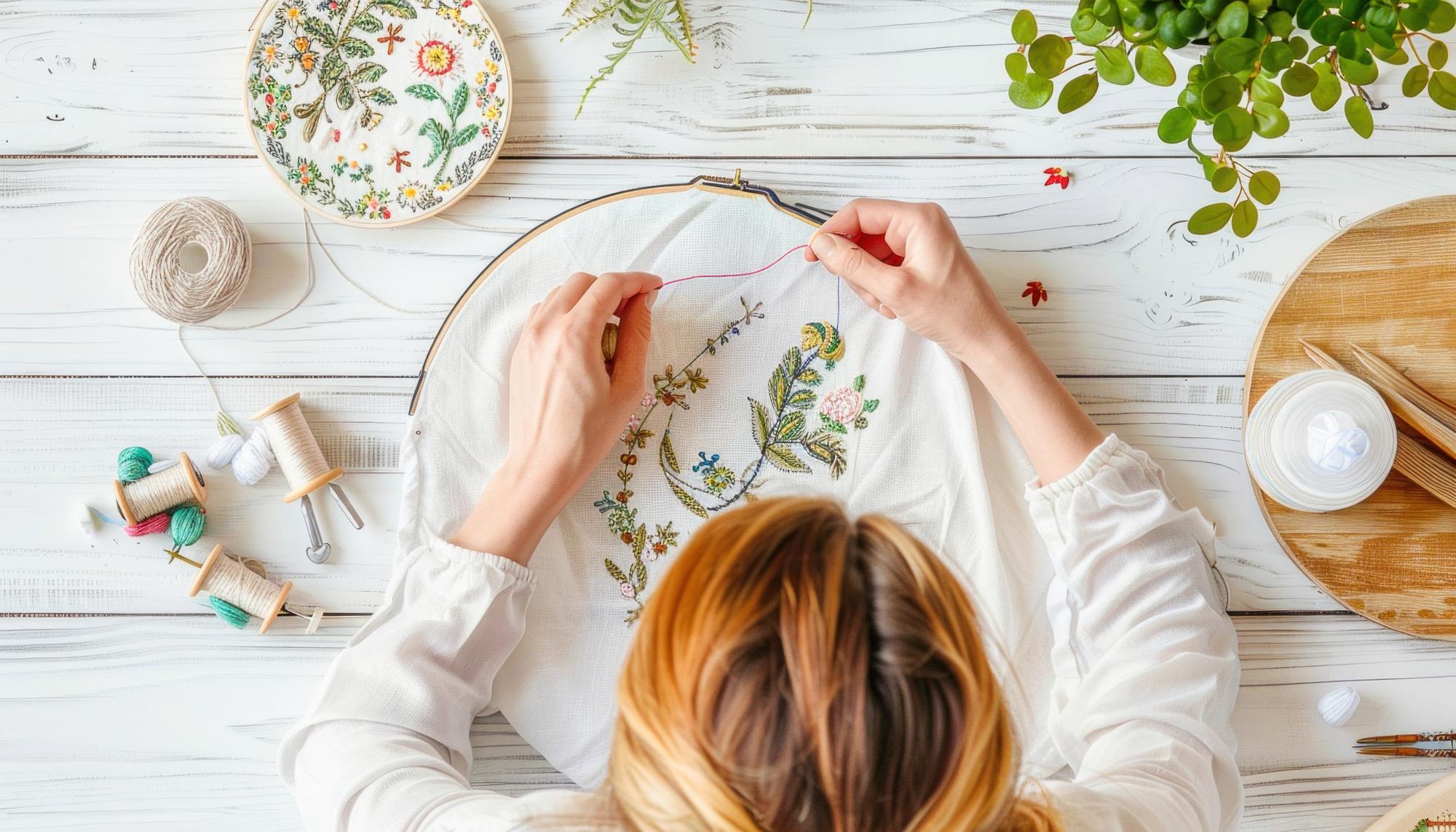Woman stitching floral pattern on hoop