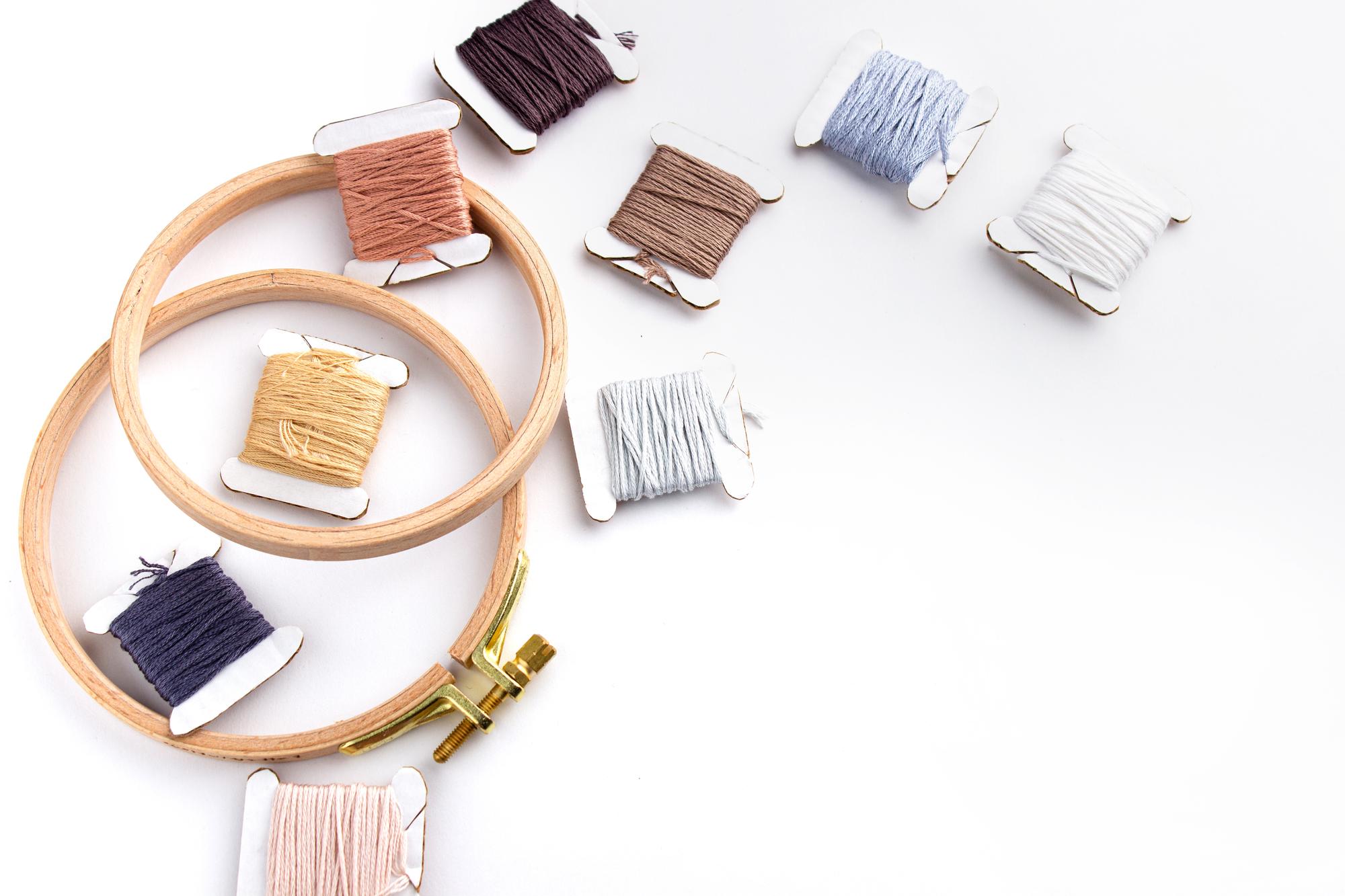 Flatlay of embroidery tools and threads
